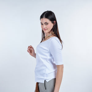 Camiseta de algodón de canalé superfino manga corta con cuello redondo y cortes laterales
