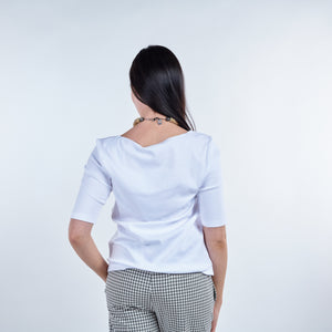 Camiseta de algodón de canalé superfino manga corta con cuello redondo y cortes laterales